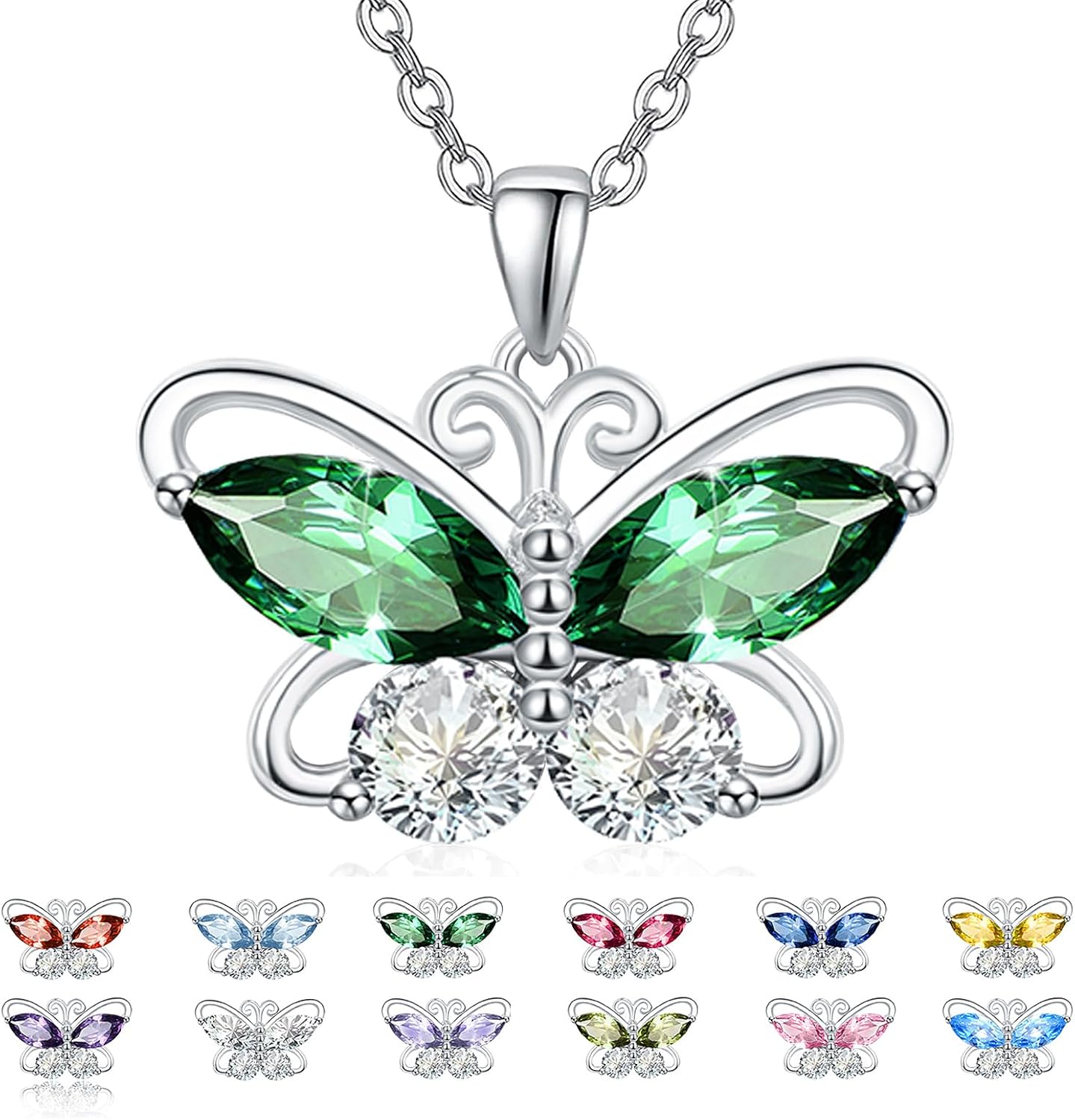Dreamboat Butterfly Birthstone Pendant Necklace for Women 925 Sterling Silver Cubic Zirconia Jewelry Anniversary Birthday Gifts for Mom Wife Daughter Her