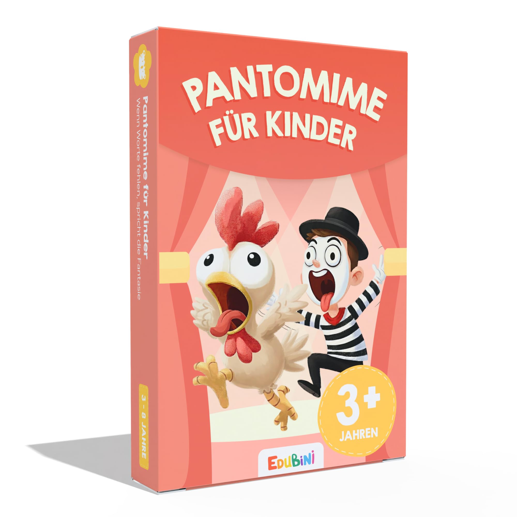 Edubini Pantomime Spiel Kinder [50 Karten + witzige Motive] - Familienspiele für Fantasie & Kreativität - (Kinder Geschenke) - Kartenspiel & Lernspiel ab 3, 4, 5, 6, 7, 8 Jahre