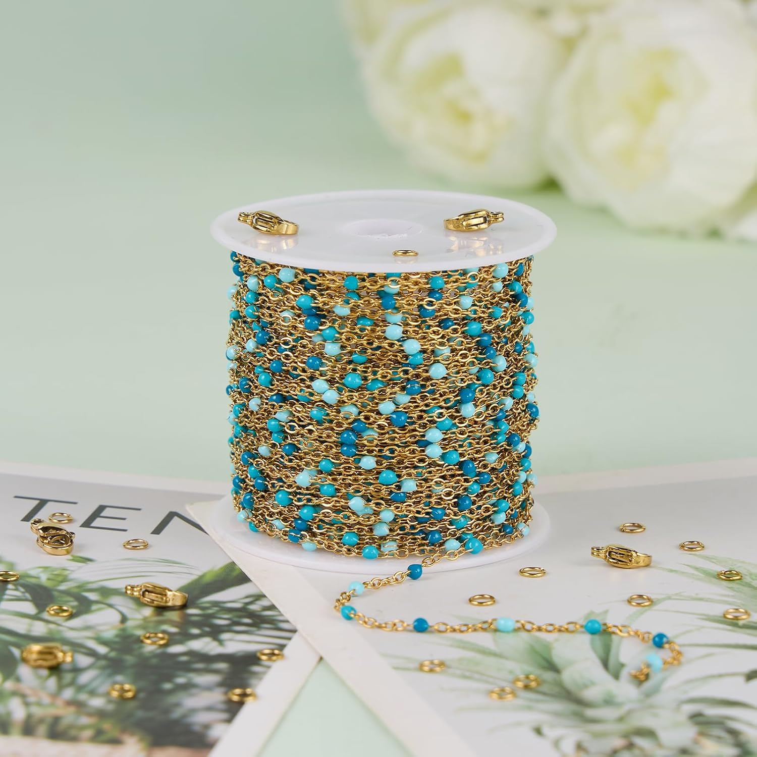 UMAOKANG 33 Feet Blue Enamel Beaded Chains for Jewelry Making Gold Plated Stainless Steel Decoration Craft Chain Roll