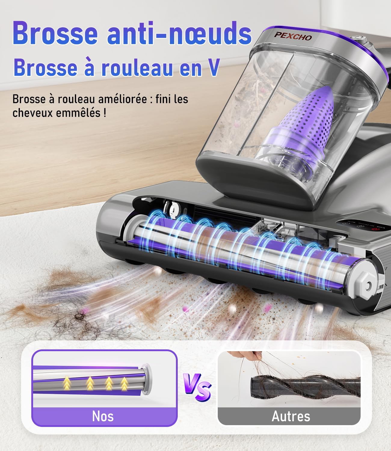 PEXCHO PM600 Aspirateur Anti Acariens avec lumière UV, 500 W, pour Les Personnes allergiques, élimine 99,9% des acariens, allergènes, Poils d'animaux des Matelas, Tapis et canapés