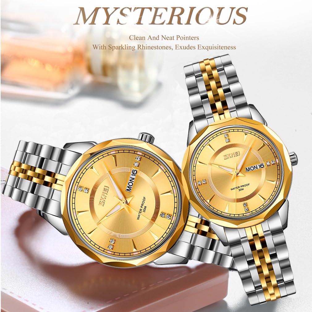 SKMEI Paar Uhren für Paare, Männer und Frauen, für Sie und Ihn, Uhrenset für Ehemann und Ehefrau, Valentinstag, passende Hochzeitsgeschenke, Edelstahl, Luxus, Business-Gold-Armbanduhr, Goldfarbenes