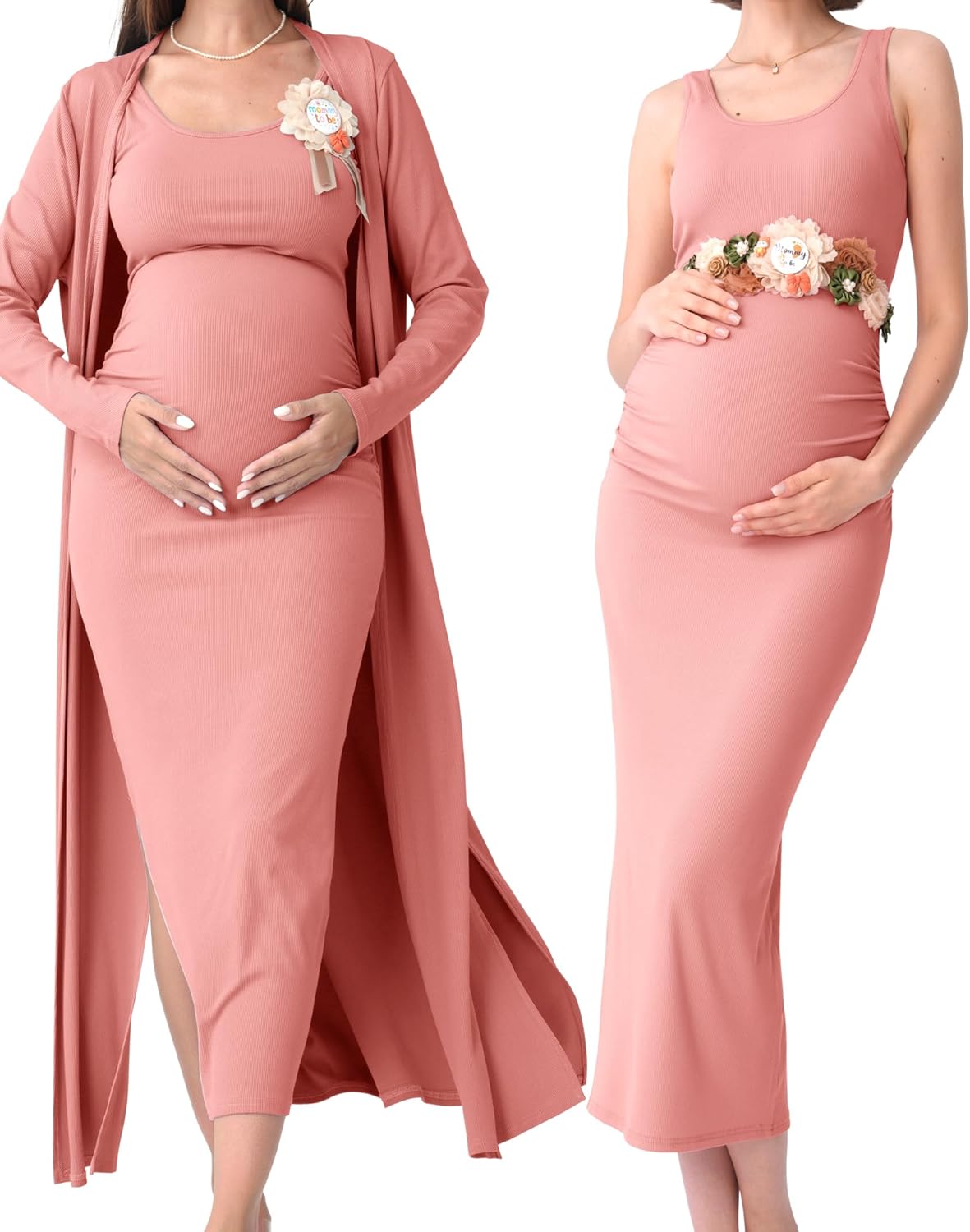 Rnxrbb 2 PCS Winter Spring Maternity Dress Cardigan Set Long Bodycon Maxi Formal Dresses Boho Baby Shower for Women