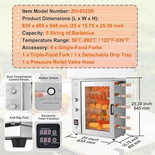 Miniatura 7 de VEVOR Shawarma - Máquina de parrilla con 5 cuerdas de capacidad para barbacoa, máquina de cocina Shawarma de pollo con 2 quemadores, asador vertical