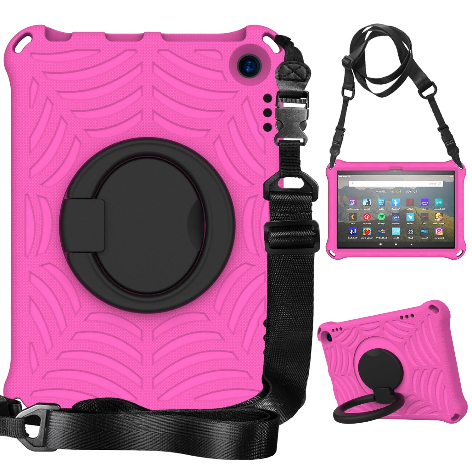 Etui na tablet Odporna na wstrząsy dziecięca obudowa kompatybilna z Kindle Fire HD 8 / Plus (2020/2022), lekka obrotowa podstawka uchwytem i paskiem ramię(ROSE RED)