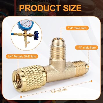 Hvac Tools, Low Loss Fittings Hvac Quick Coupler Access Tee 1/4'' Valves Core Tee Adapter with Swivel Connector AC Vacuum Pump for Gauge Deep Vacuum Pump Manifold