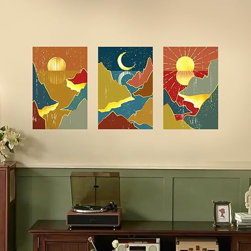 Miniatura 5 de Calcomanías de pared autoadhesivas sin marco, diseño de sol, luna, montañas, ríos, paisaje, juego de 3, pósteres de pared e impresiones para
