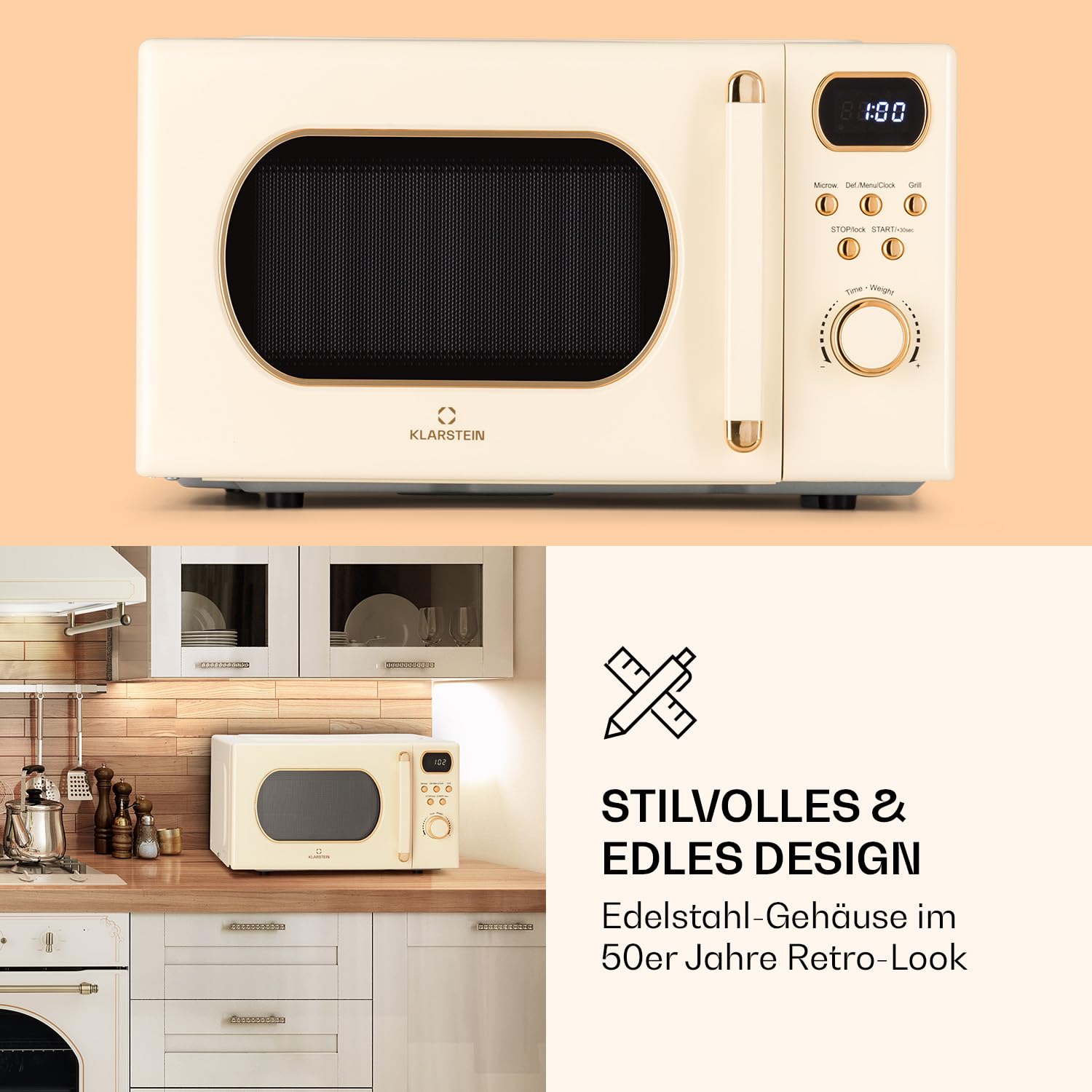 Klarstein Mikrowelle mit Grill, 800 Watt Mikrowelle Klein, 3-in-1Edelstahl-Mikrowelle Creme, Kleine 20 Liter Mikrowelle mit Auftau- und Pizzafunktion, Drehteller, Platzsparend, Einfach zu Bedienen