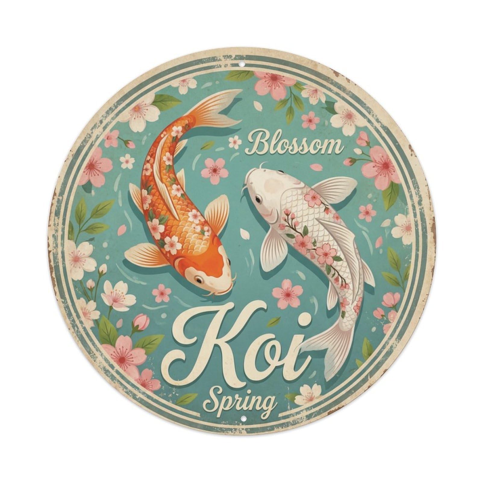 Metal Tin Sign Koi Fish Blossom Spring Decor