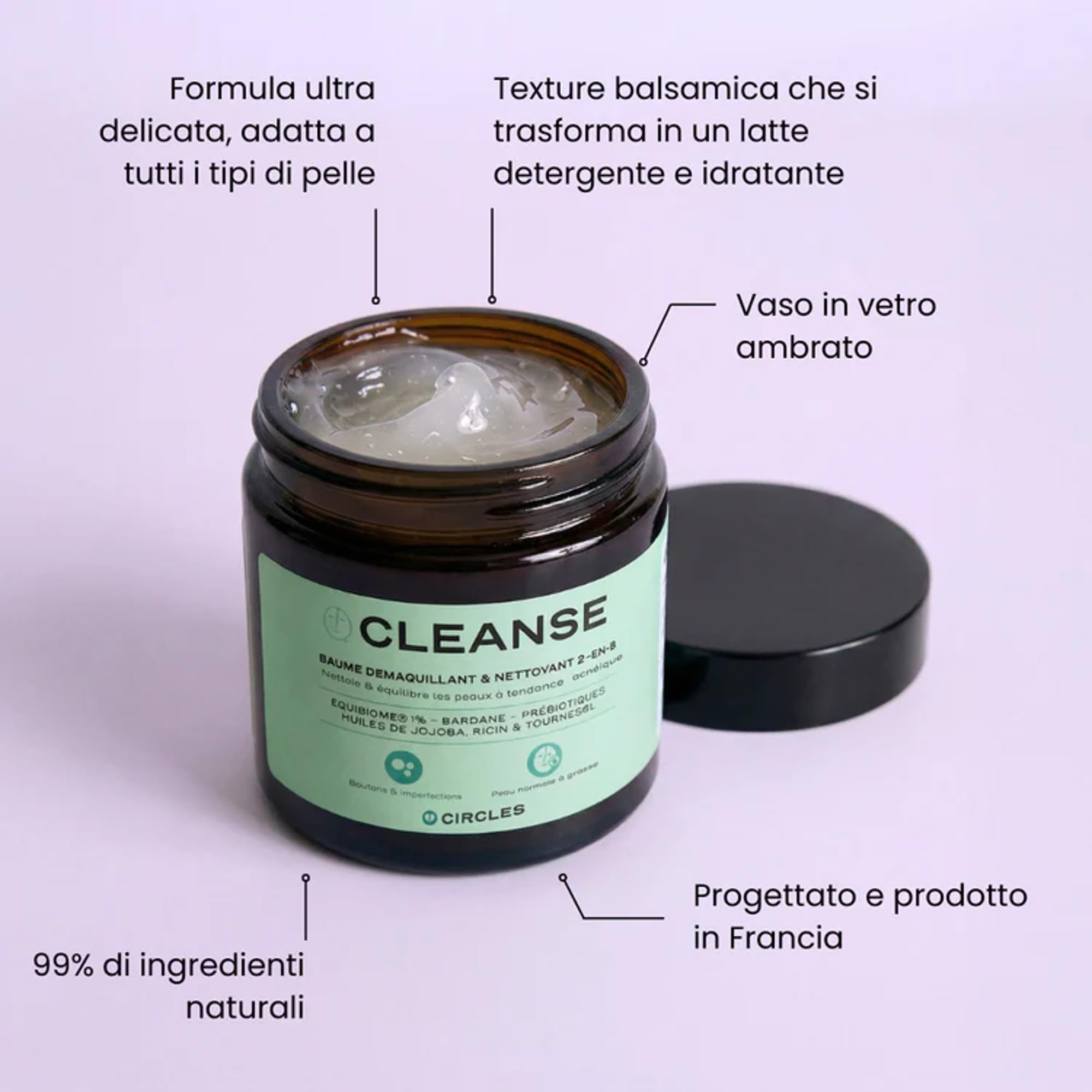 Circles CLEANSE Struccante e Detergente Viso Balsamo in Olio, Pelle Grassa e a Tendenza Acneica, Rimuove Trucco SPF e Impurita, Non Comedogeno, Vegano 100 ml Made in France