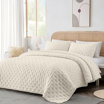 HIARUO Twin Quilt Set - Soft Warm Ultrasonic Reversible Coverlet Bedspread Set 68 x 90 Inch with 1 Pillow Sham 20 x 26 Inch, Beige