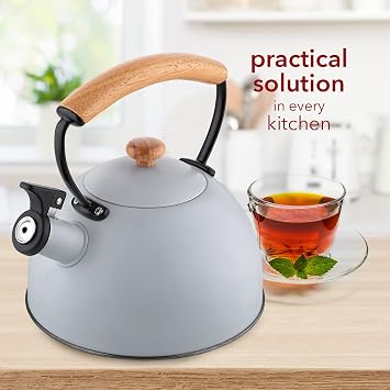 FLORINA NATURAI Kettle (2.3L) - Stainless Steel, Whistling, Wooden Handle, All Hob Types Compatible, Grey