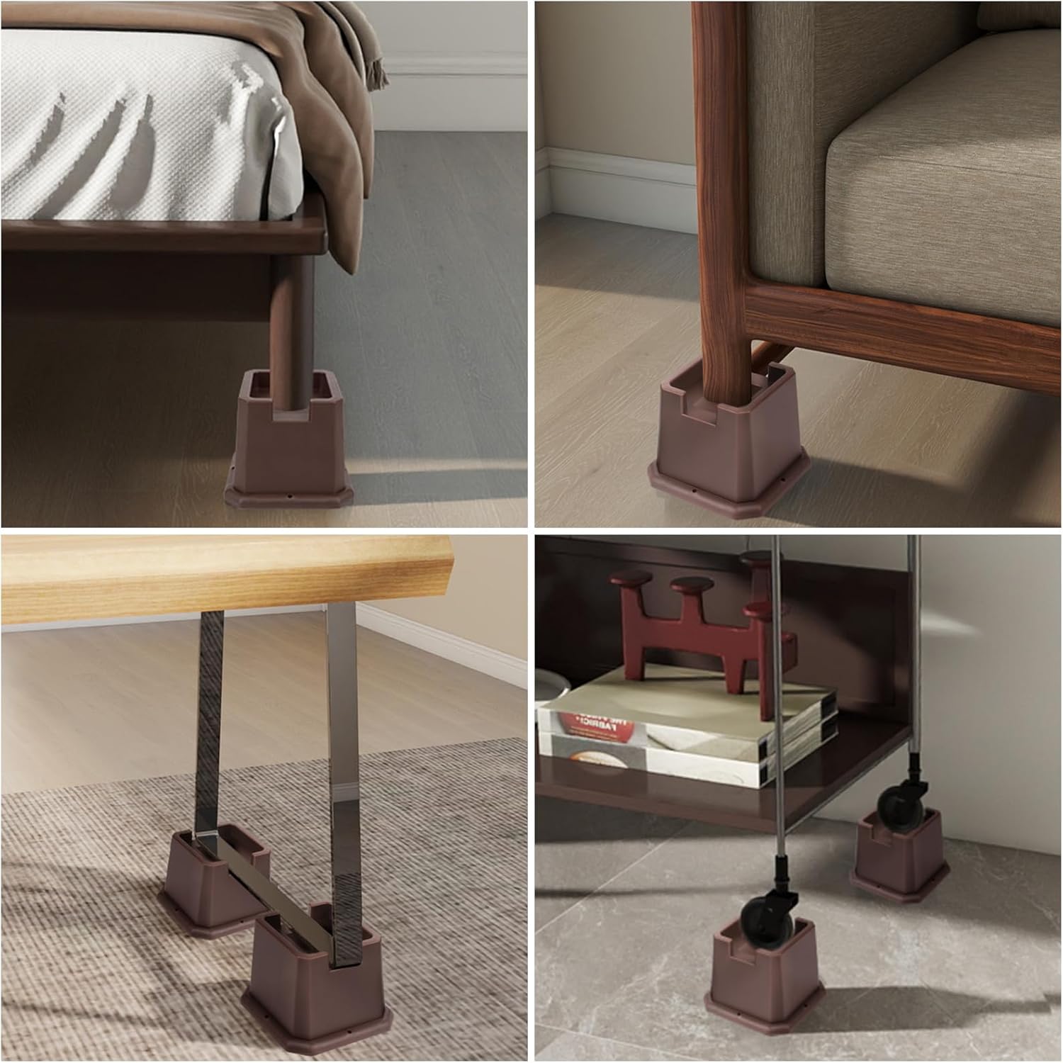 Adjustable Bed Furniture Risers Elevation in Heights Heavy Duty Risers for Both Posts and Wheels of Furniture Sofa Bed Couch Table (Brown 6 Pack, 3 Inch)