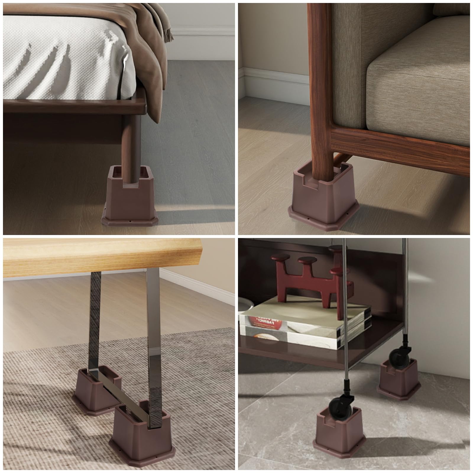 Elevadores ajustables para muebles de cama, elevadores resistentes tanto para postes como para ruedas de muebles, sofá, cama, mesa (marrón, paquete de 8, 3 pulgadas)