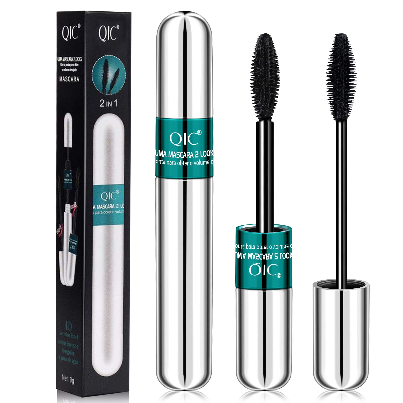 2 in 1 Double High Effect Mascara - 4D Silk Fiber Lash Black Mascara, Superstrong Waterproof, Best for Eyelash Lengthening Thickening, Long Lasting, No Clumping, All Day Charming Natural Eye Make up