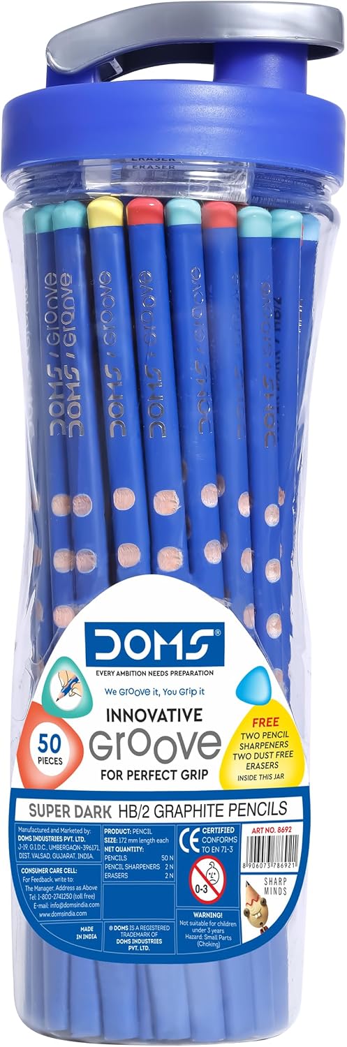 Doms Groove Super Dark HB/2 Graphite Pencils Jar Pack | 50 Pcs Pencils | Innovative Groove For Perfect Grip | Ideal for School & General Purpose | Perfect for Sketching & Drawing | Jar Pack of 1