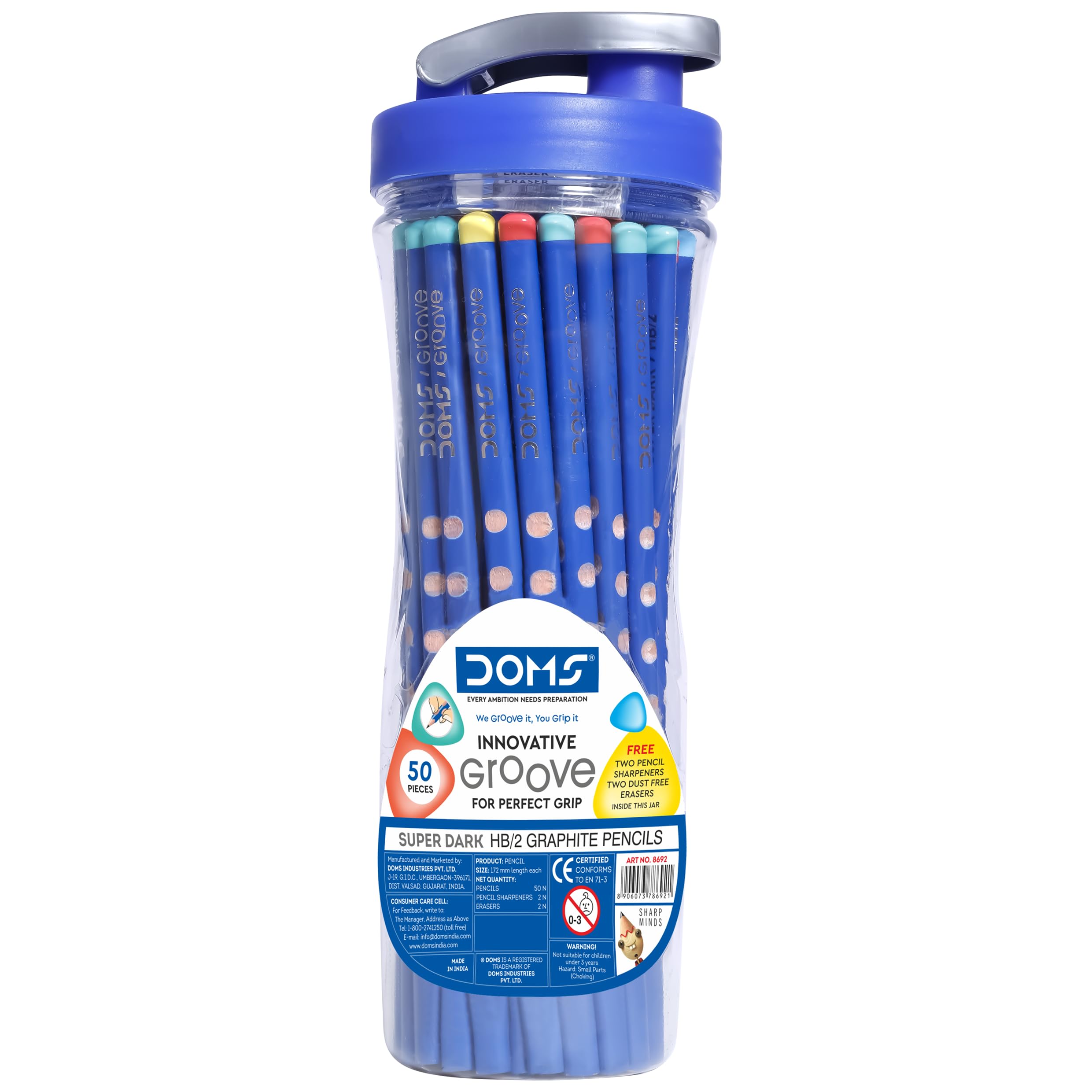 Doms Groove Super Dark HB/2 Graphite Pencils Jar Pack | 50 Pcs Pencils | Innovative Groove For Perfect Grip | Ideal For School & General Purpose | Perfect For Sketching & Drawing | Jar Pack of 1