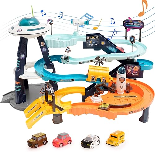 Toy Car Ramp Track Electric Climbing Railcar Vehicles Construction Play Set with 4 Mini Race Cars Space Theme Preschool Gifts for Kids Boys Girls disponible en Yaxa Colombia