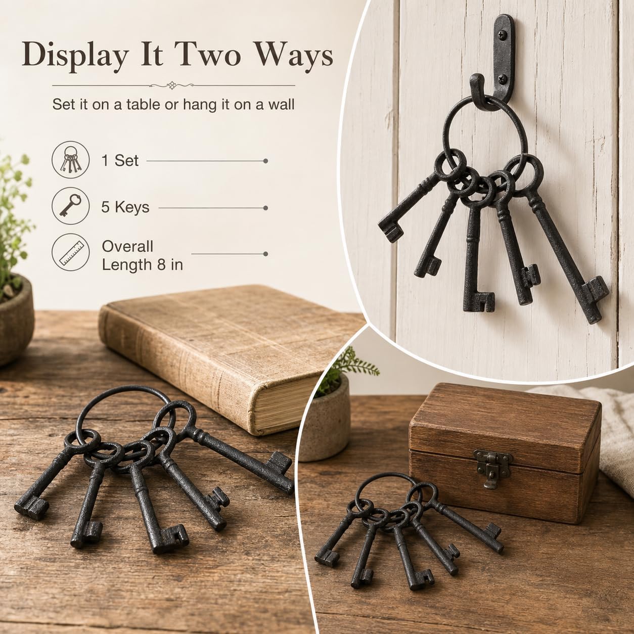 QWORK 8" Vintage Cast Iron Skeleton Key Ring Set - Authentic Antique Style Keys for Pirate & Wild West Themes, Decorative Home & Halloween Décor image 3