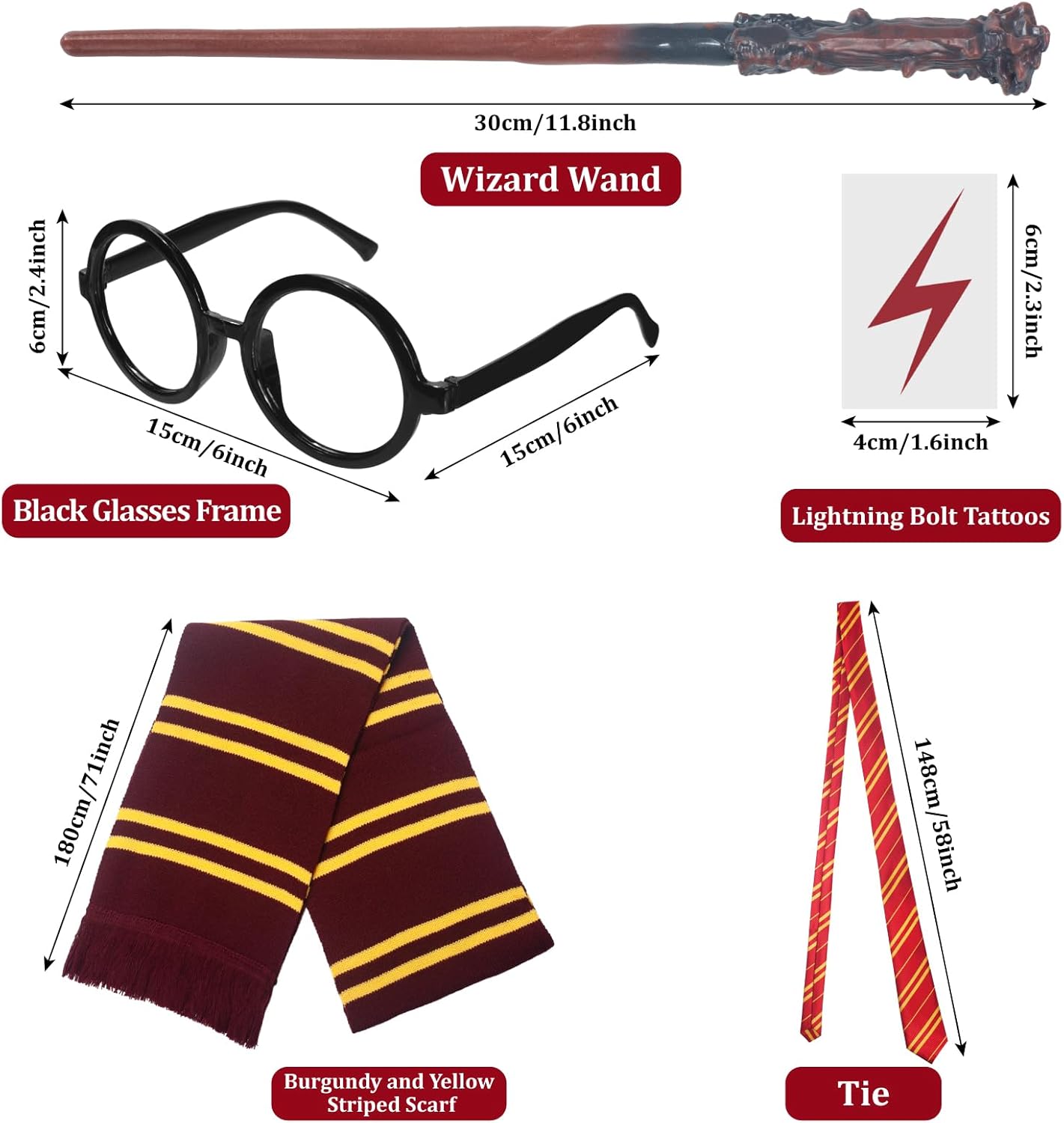 Wizard Costume Accessories Set, Halloween Cosplay Costume with Robe, Scarf, Wand, Tie, Glasses for Dress-up Party - Image 4