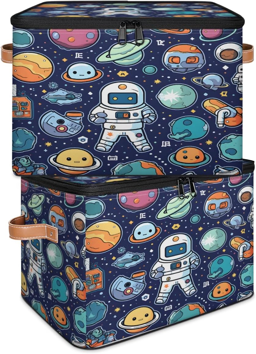 Storage Bin Set of 2 Galaxy Astronauts Storage Basket with Zipper Lid & Handle Foldable Closet Shelf 2 Pack Cloth Organizer Basket Cube Bins Clothes Organizer for Bedroom, Nursery