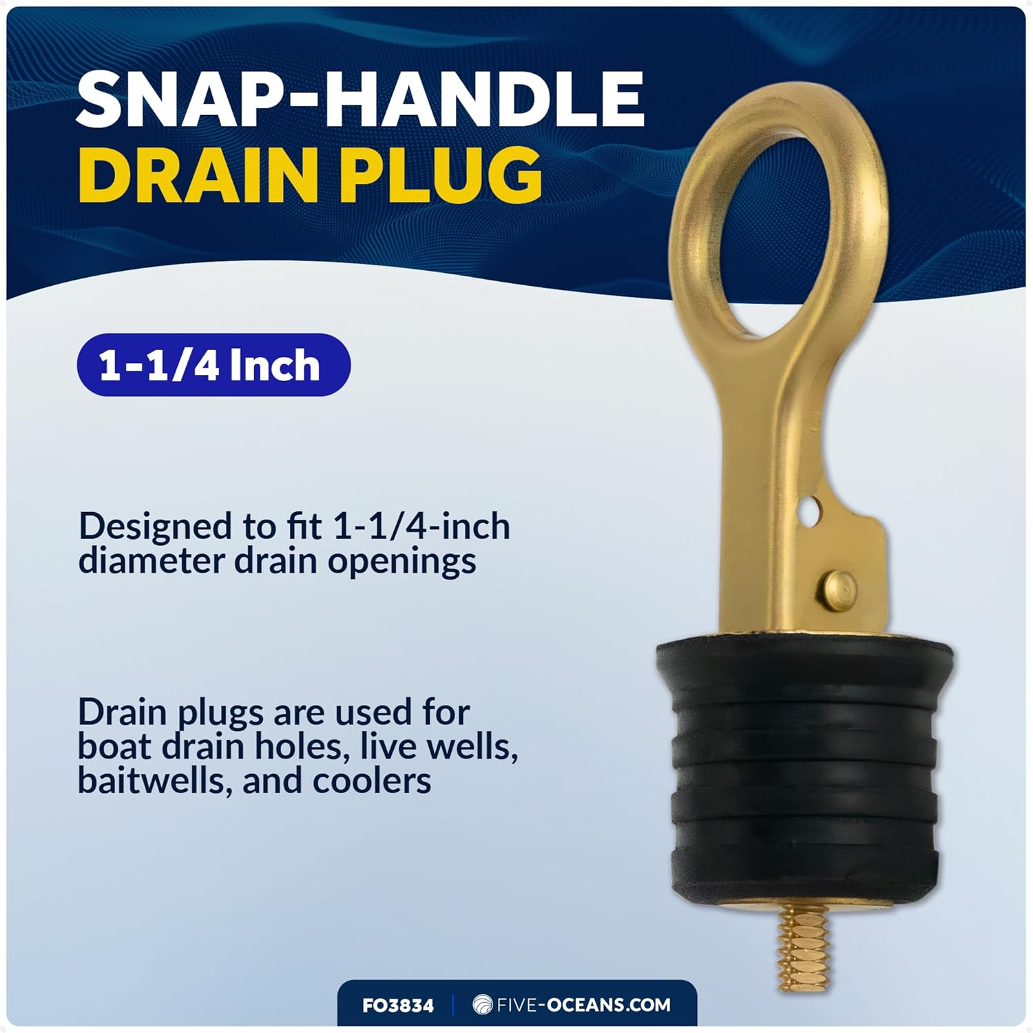 Five Oceans Boat Plug, Snap-Handle Drain Plug, for 1-1/4-Inch Diameter Drains, Locks in Place, Brass Handle, Rubber Plug - FO3834