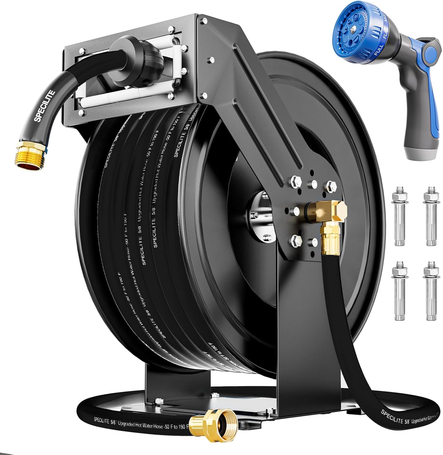 SPECILITE Retractable Hose Reel with 5/8'' Hot/Cold Garden Water Pipe 50ft, -50℉ -190℉, Heavy Duty Metal Wall Mount Spool, with 6ft Lead Hoses, Nozzle, 3/4'' Brass Fittings for Garage, Yard, Blue