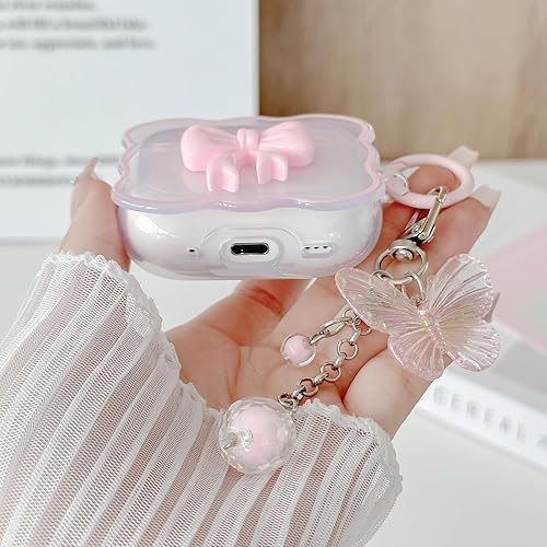 Miniatura 3 de Funda transparente compatible con AirPods Pro 21, diseño de lazo 3D, diseño de lazo 3D, con llavero de mariposa, funda protectora de TPU suave y kit