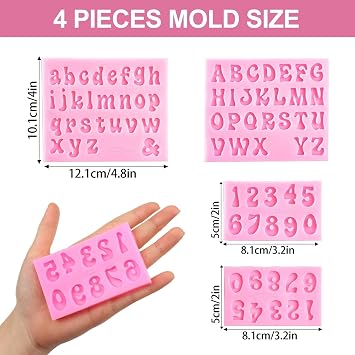 4 Pcs Silicone Letters Numbers Mold, Chocolate Fondant Candle Mould, 3D Silicone Mould Alphabet Number Biscuit Ice Cube Gummy Making Tray DIY Baking Mold for Cake Dessert Decoration