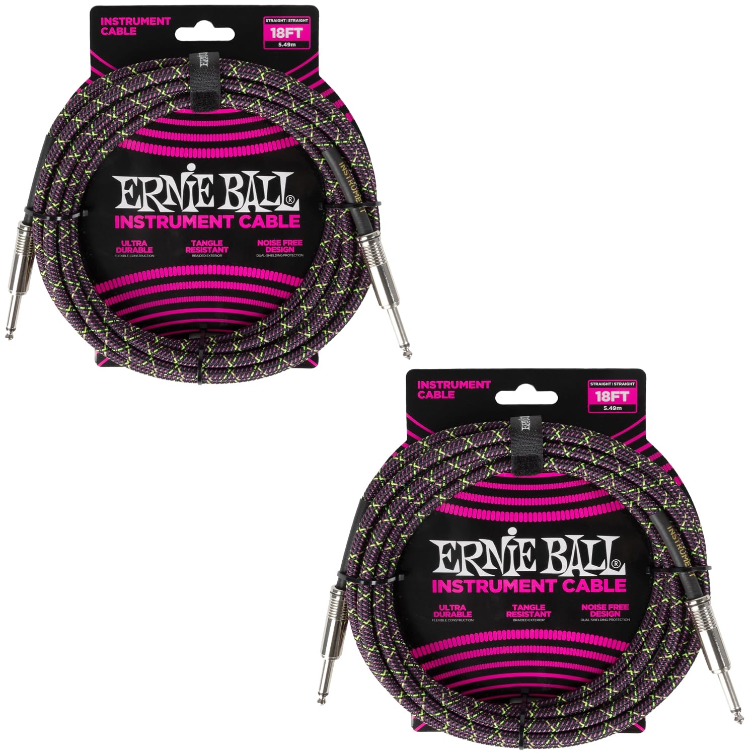 Ernie Ball Braided Instrument Cable Set Straight/Straight Lenght 18ft in Purple Python (P06431) - Pack of 2