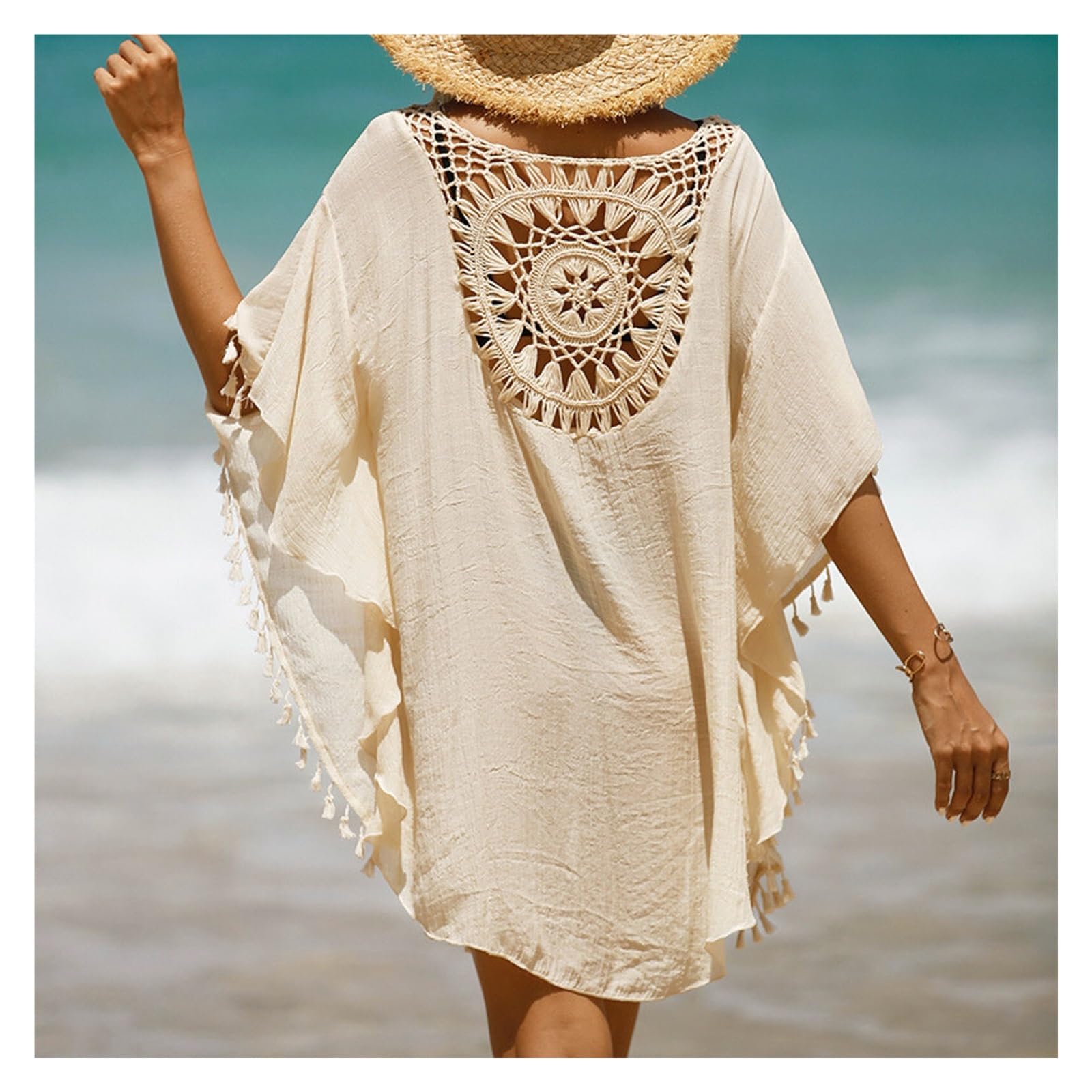 Vestido de Playa de Ganchillo Túnica de Bikini Ganchillo for Mujer, Vestido Playa con borlas Encaje, Cubierta, cárdigan Suelto Informal, Traje baño Verano