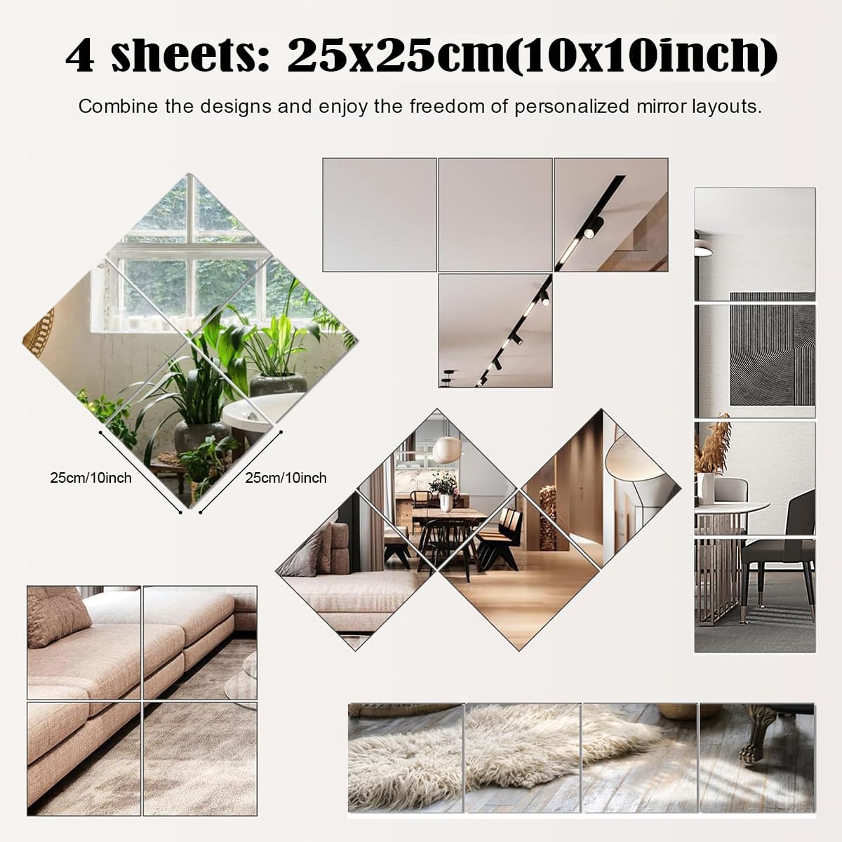 Self Adhesive Acrylic Mirror, 10x10 Inch Wall Mirror Tiles, 2MM Thick, Frameless, Flexible Plastic Mirror Sheets, 4 Pack