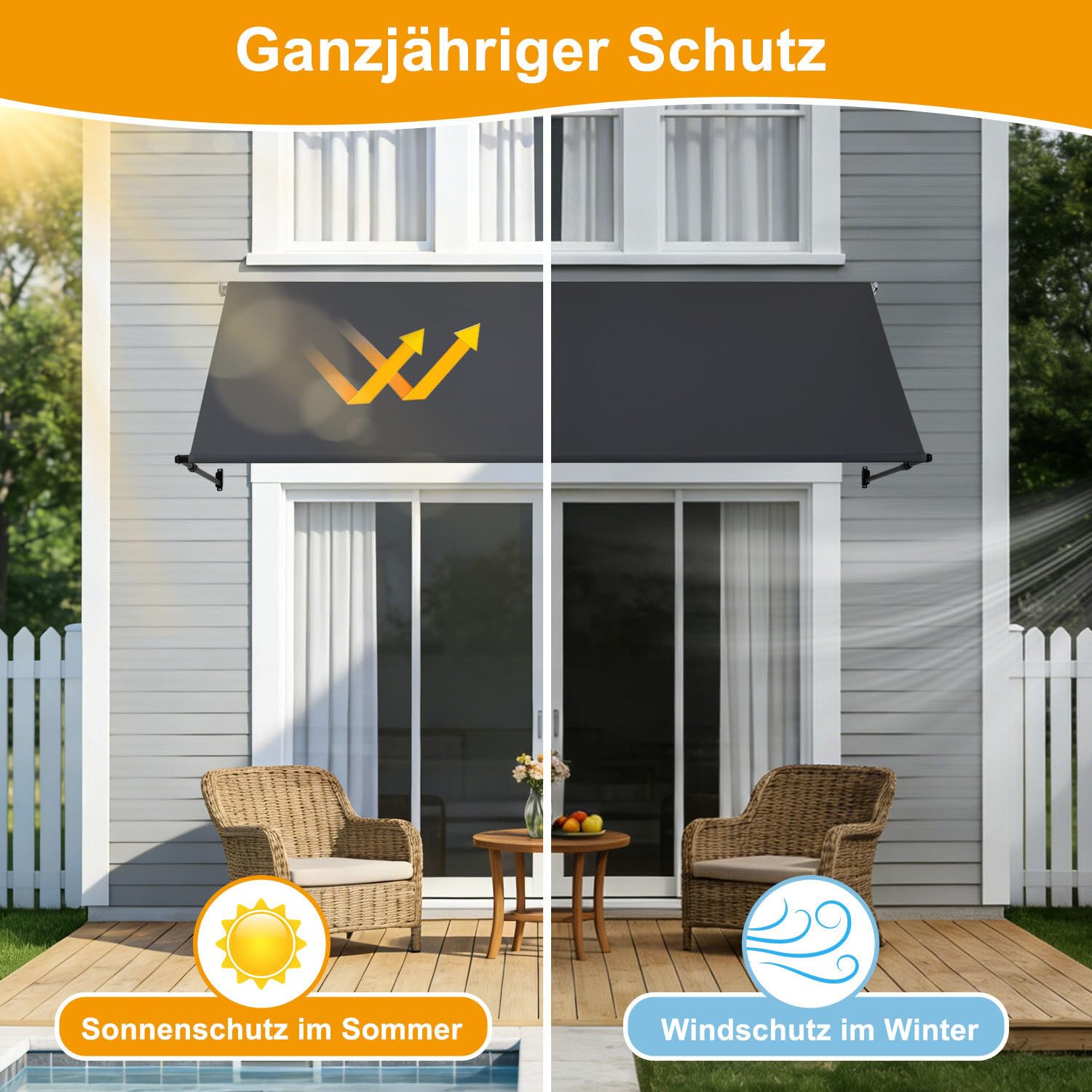 Markise Fallarmmarkise einziehbar 300x150cm, Stützarm 70-120cm verstellbar, 2m Perlenkette, Wandmontage, Sonnenschutz & Windschutz für Balkon Terrasse Garten, Dunkelgrau
