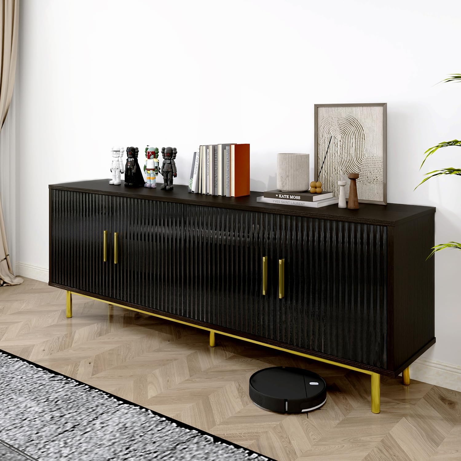 MUUEGM 70" Fluted tv Stand with Storage for Living Room, Entertainment Center Modern TV Stand for TV Up to 80 Inch, Television Media Console Table with Fluted Door and Adjustable Shelf, Black