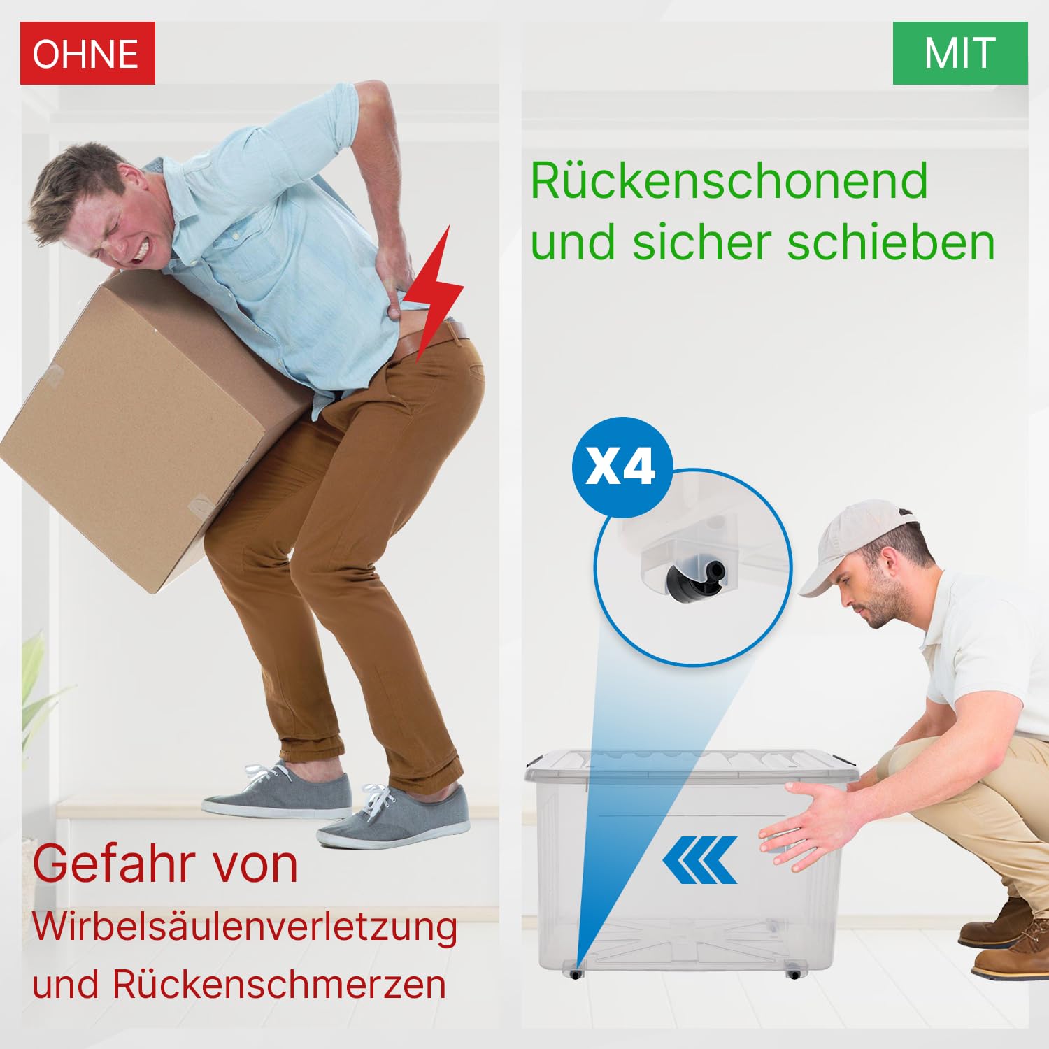 4er Set 45L robuste Aufbewahrungsboxen mit Deckel L53.5xB39xH32.5 cm inkl. Tragegriff, Plastikboxen, stapelbar, lebensmittelecht, transparente kleine Kisten für Wohnung, Werkstatt & Keller