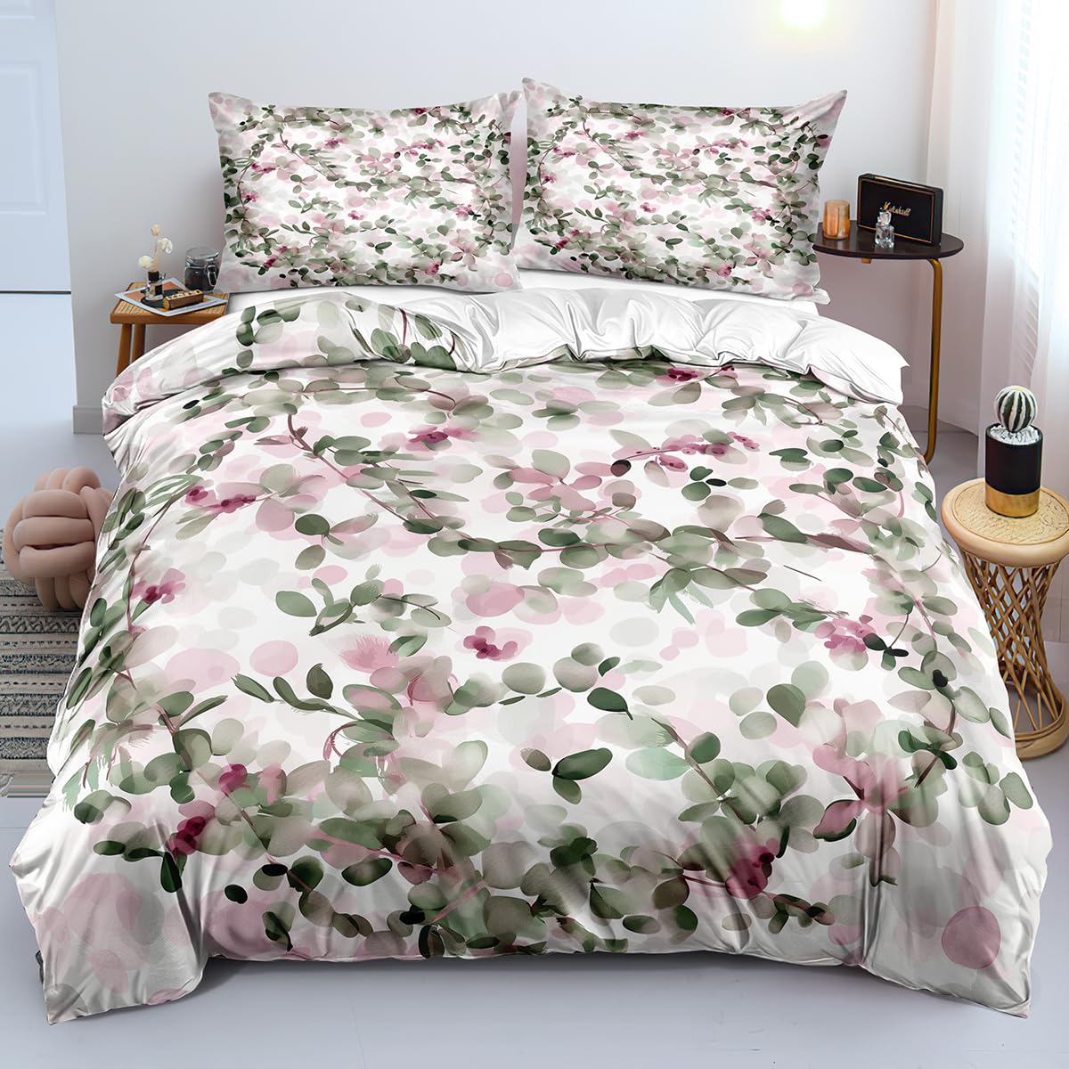 Housse de couette 200x200 imprimé floral rose parure de lit 3 pièces fille femme en microfibre