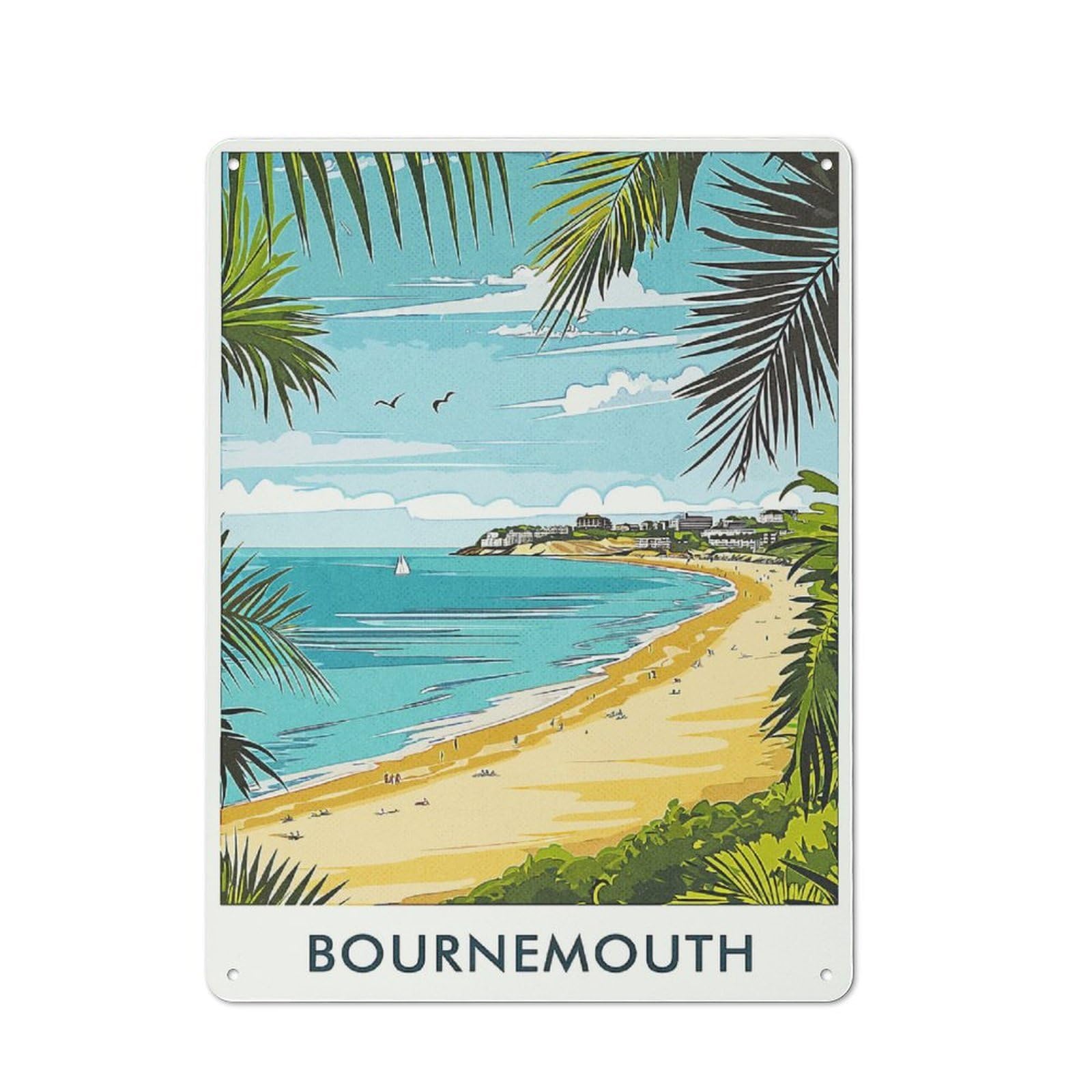 Junmoney Style-17 Bournemouth Beach Illustration Metal Wall Sign 40X30cm, Retro Decor For Workshop Wall, For Garage, Workshop And Man Cave Decoration