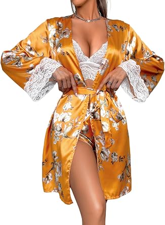 ChiaoLezhee Womens Silk Satin Pajama Sets, Sexy Lace Lingerie with Printed Robe, 3 Piece Pjs for Bridal Shower Gifts