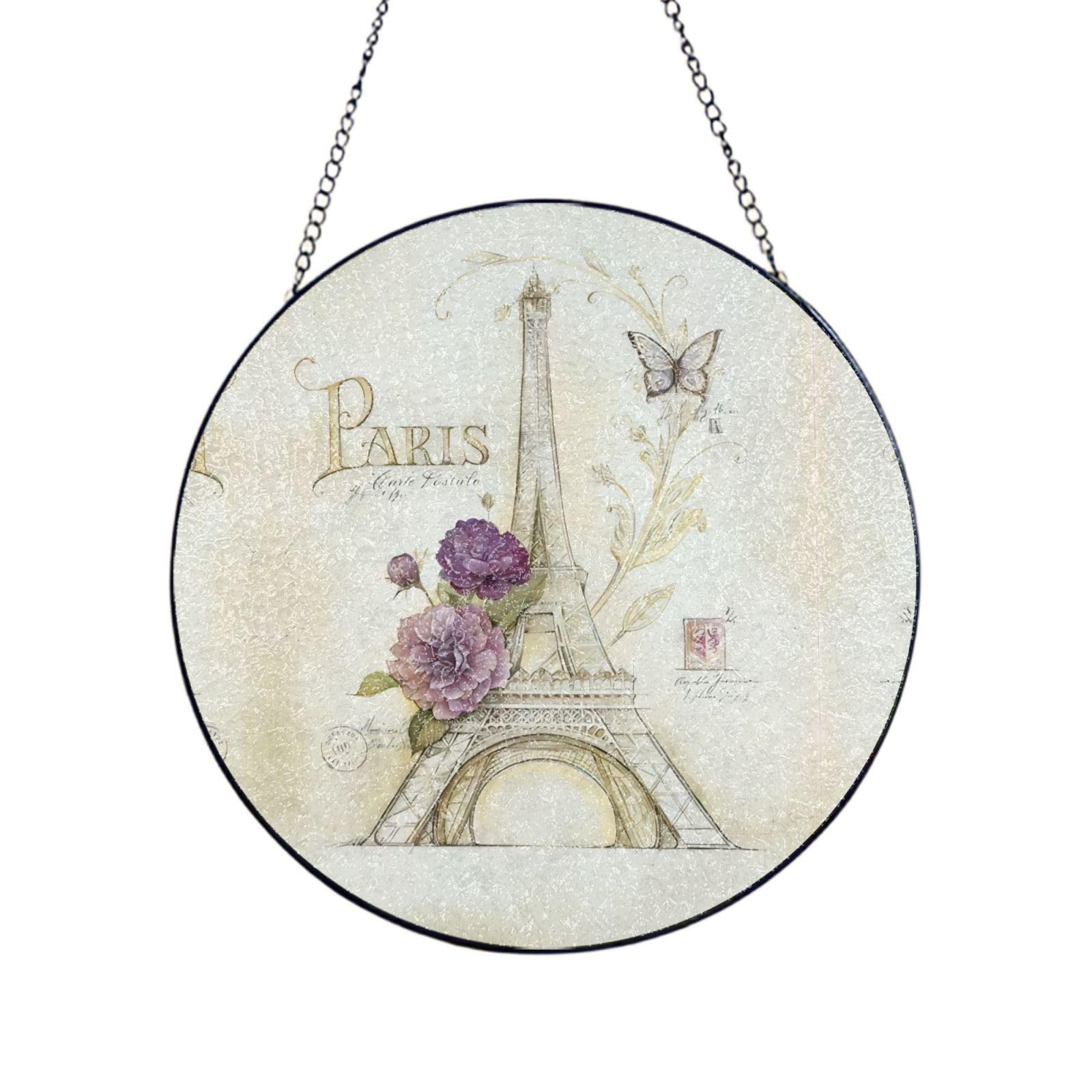 Phayah Cartoon Eiffel Tower Print Glass Window Hanging Round Suncatcher Glass Ornament Garden Wall Fence Decorations Indoor Outdoor 10in（25cm）