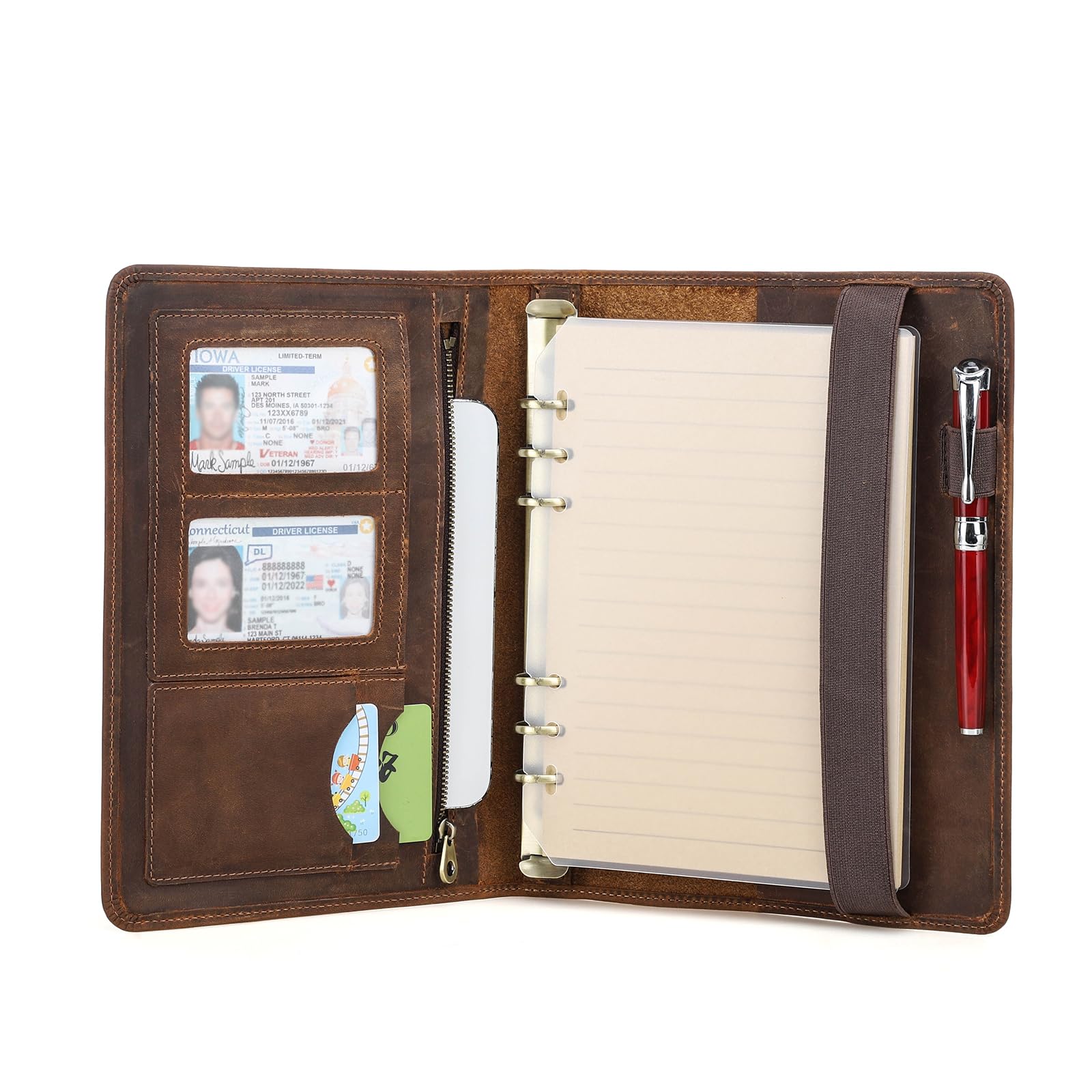 Hiram Custodia in pelle per notebook A5 con raccoglitore a 6 anelli multifunzione in pelle A5 cartella per notebook con tasca per tablet per ipad mini