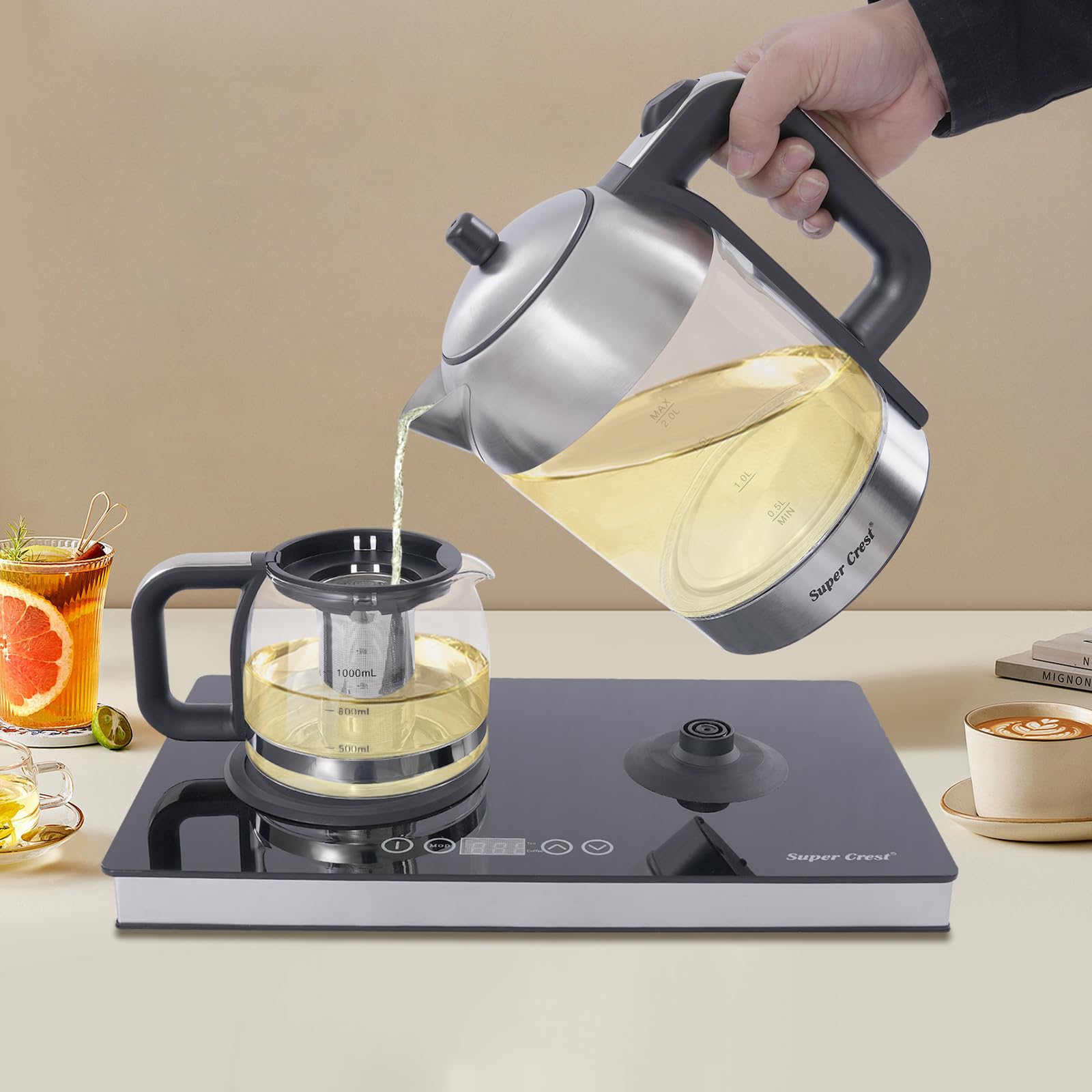 Estación de té y café en uno, base de hervidor de agua con pantalla LCD | Tetera de 2 litros y 1 L con filtro de acero inoxidable, ajuste de temperatura y sensor táctil, estación de té de 1500 W