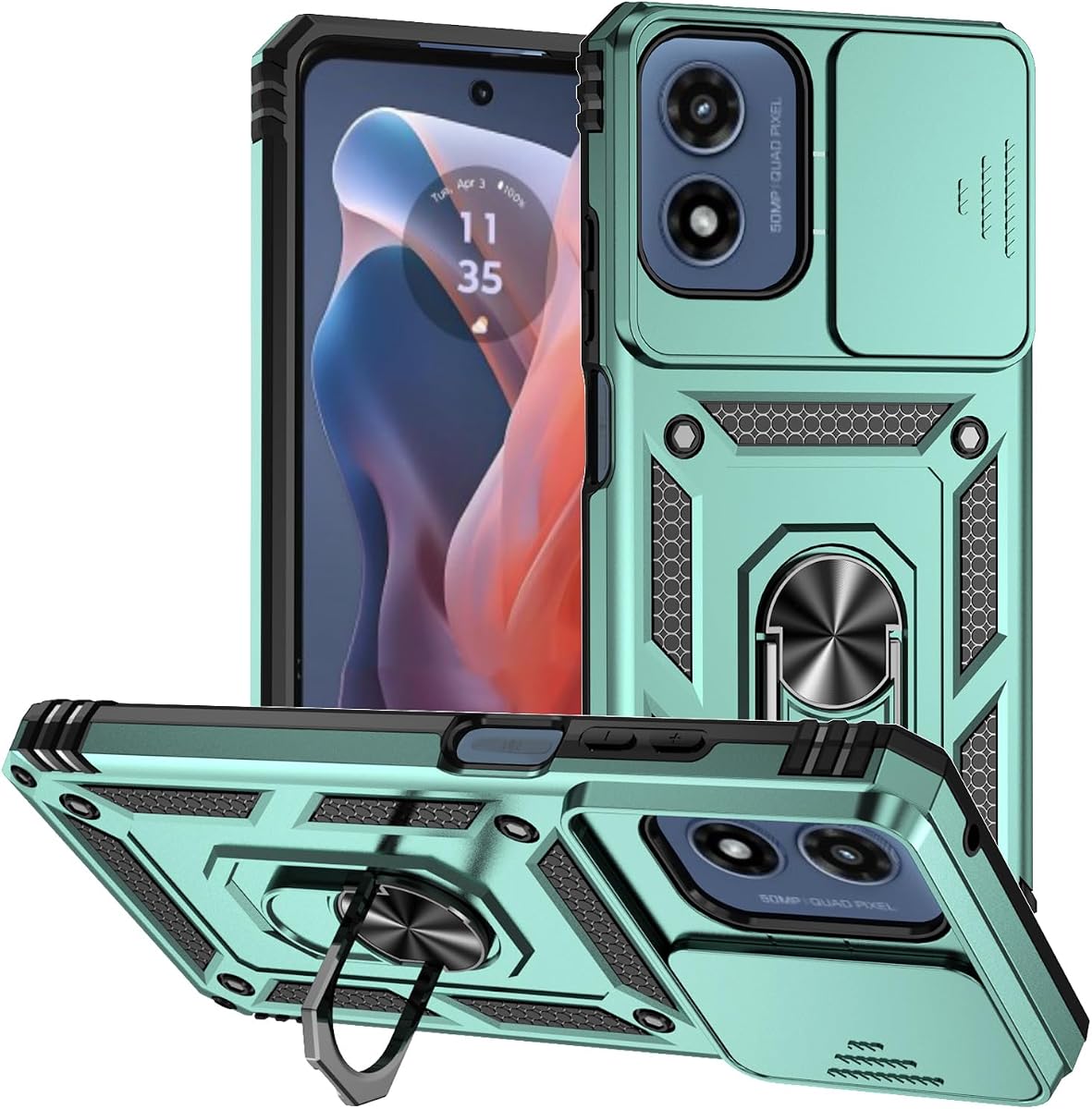 for Motorola Moto G Play 5G 2024 Case, Heavy Duty Shockproof Full Body Protective Case with Slide Camera Cover and Ring Magnetic Car Stand for Women Men Green