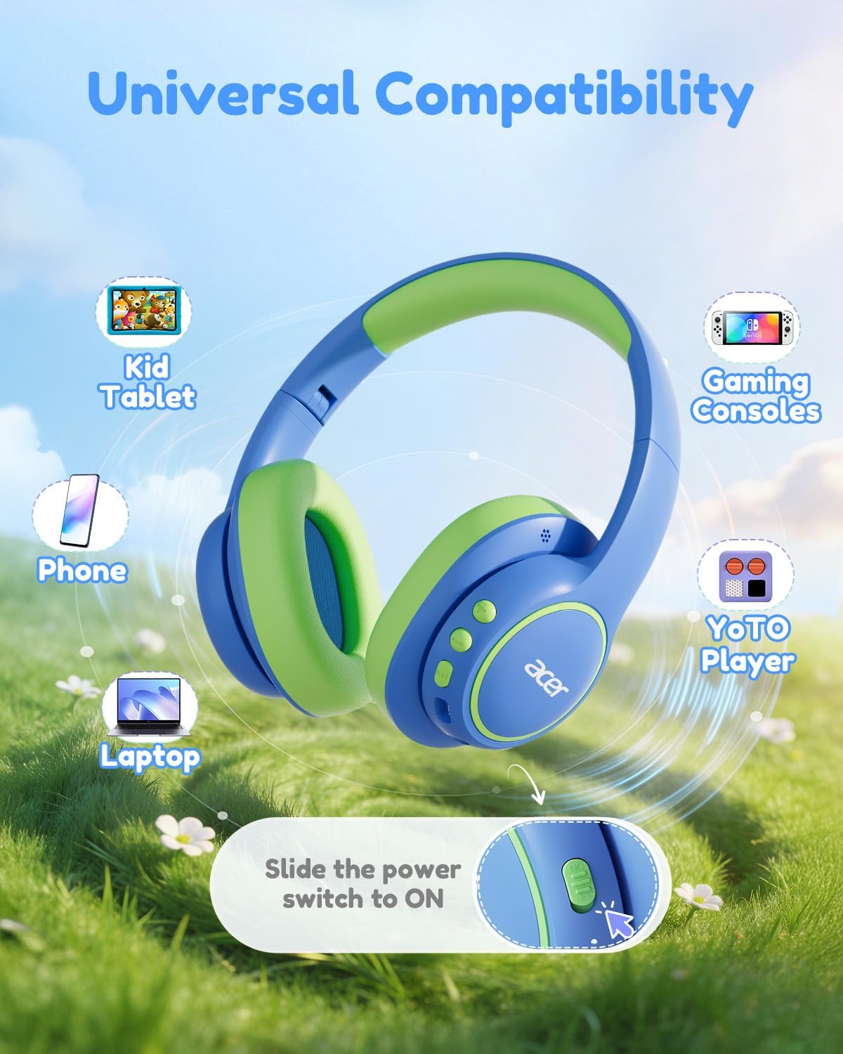 acer Kids Bluetooth Headphones, Over Ear Headphone for Kids with Mic, 75H Playtime, 85dBA Safe Volume, Bluetooth 6.0, USB C Fast Charging, Toddler Headphones for iPad/Tablet/Travel/School-Blue Green