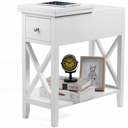 ChooChoo End Table, Flip Top Narrow End Table with Drawer,