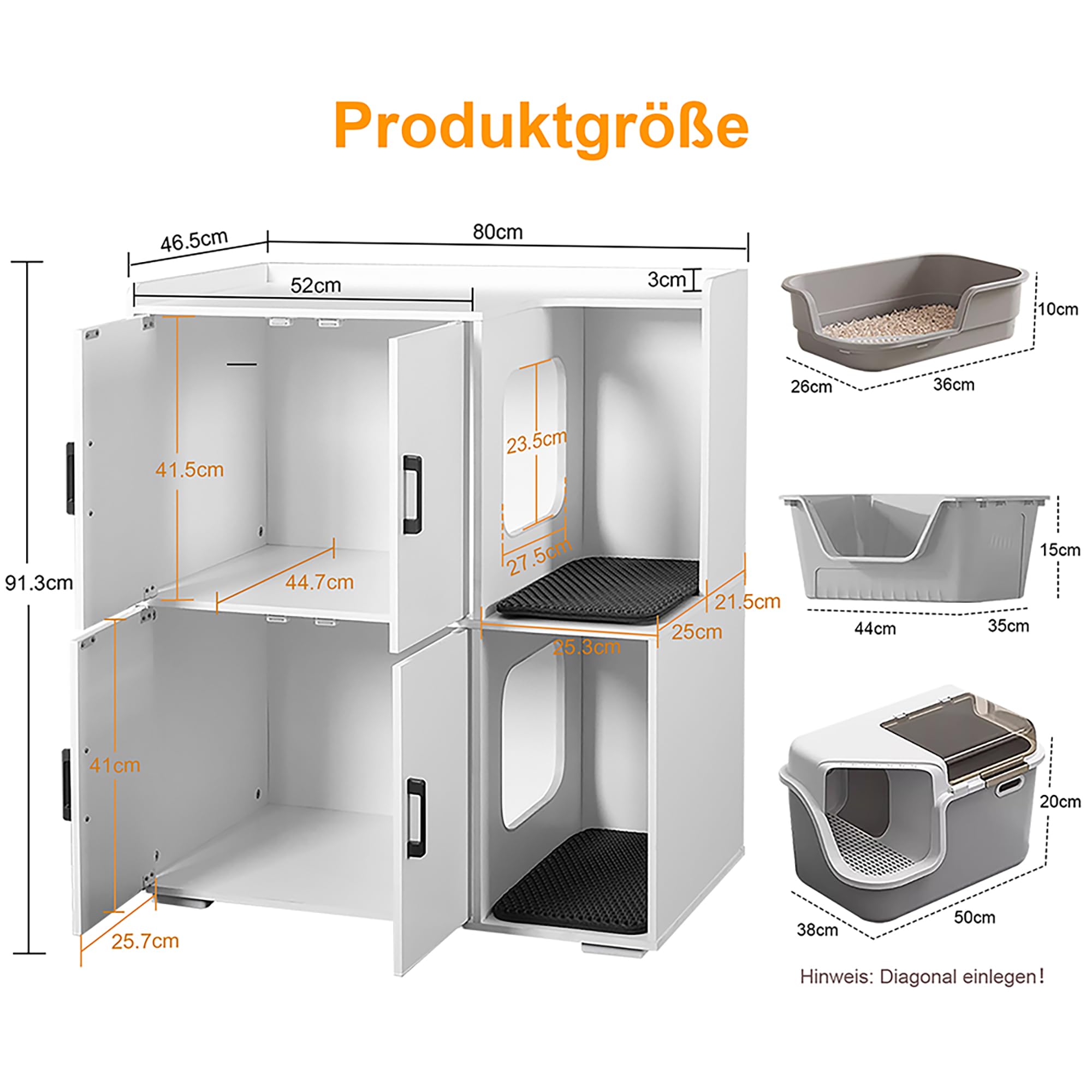 Katzenklo Schrank für 2 Katzen, Katzentoilette Schrank Zweistöckiger, Katzenklo Haus, Katzenhöhle Holz, mit Zwei Katzenstreu-Matten, 80 x 46.5 x 91.5 cm, Weiß