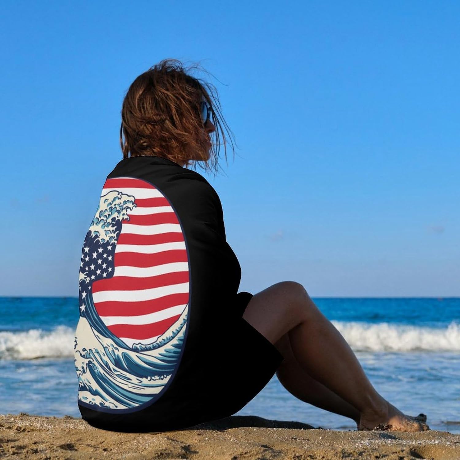 U.S. Flag with Great Wave Oversized Beach Towel Soft Absorbent Pool Bath Swim Towels for Adults Travel Vacation Gifts 130x80cm