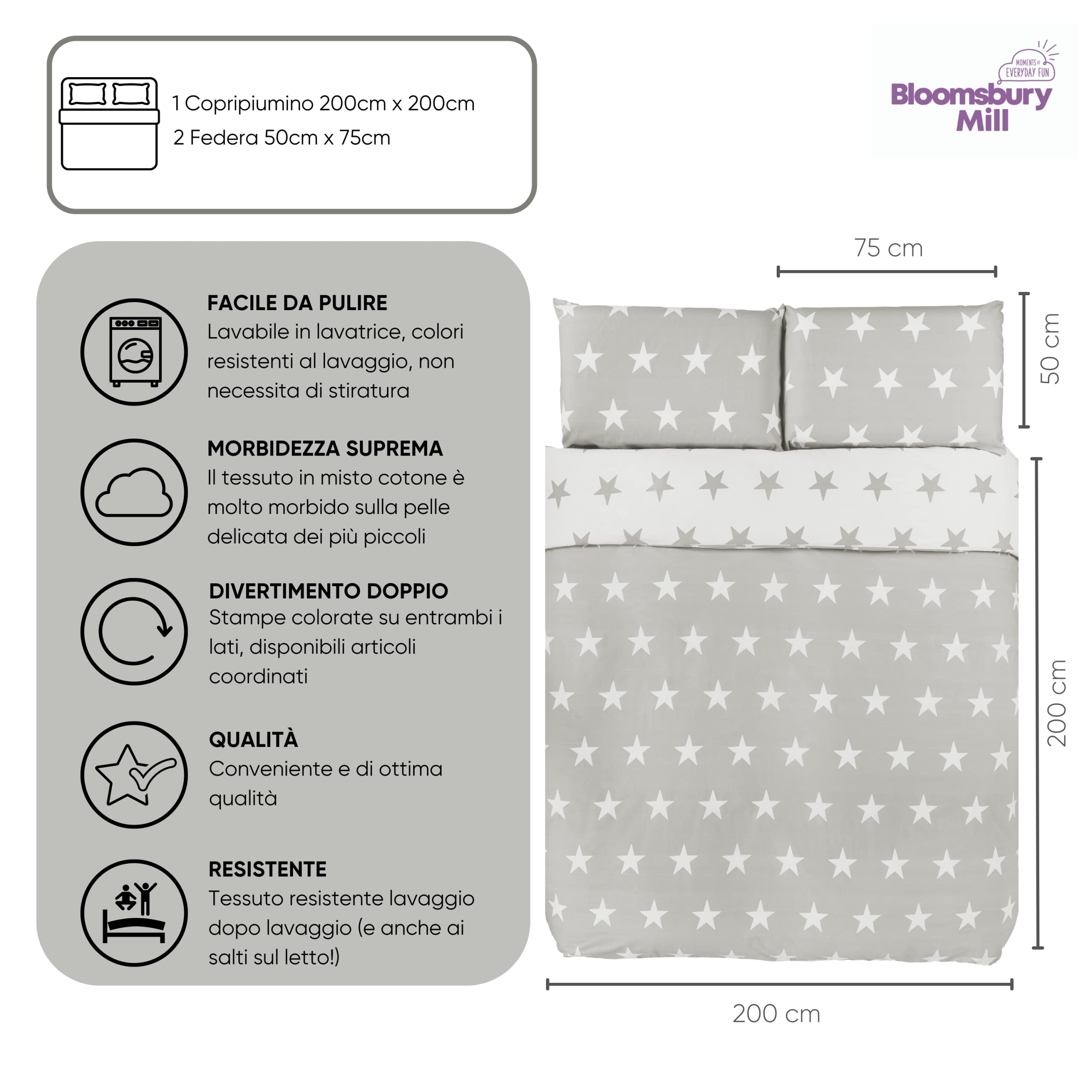 Bloomsbury Mill - Set Copripiumino Piazza e Mezza - Grigio & Bianco Stelle - Lenzuola Letto Reversibile Per Ragazzi/Ragazee - Set Di Biancheria Da Letto Per Bambini - 200 x 200cm e 2 Federe