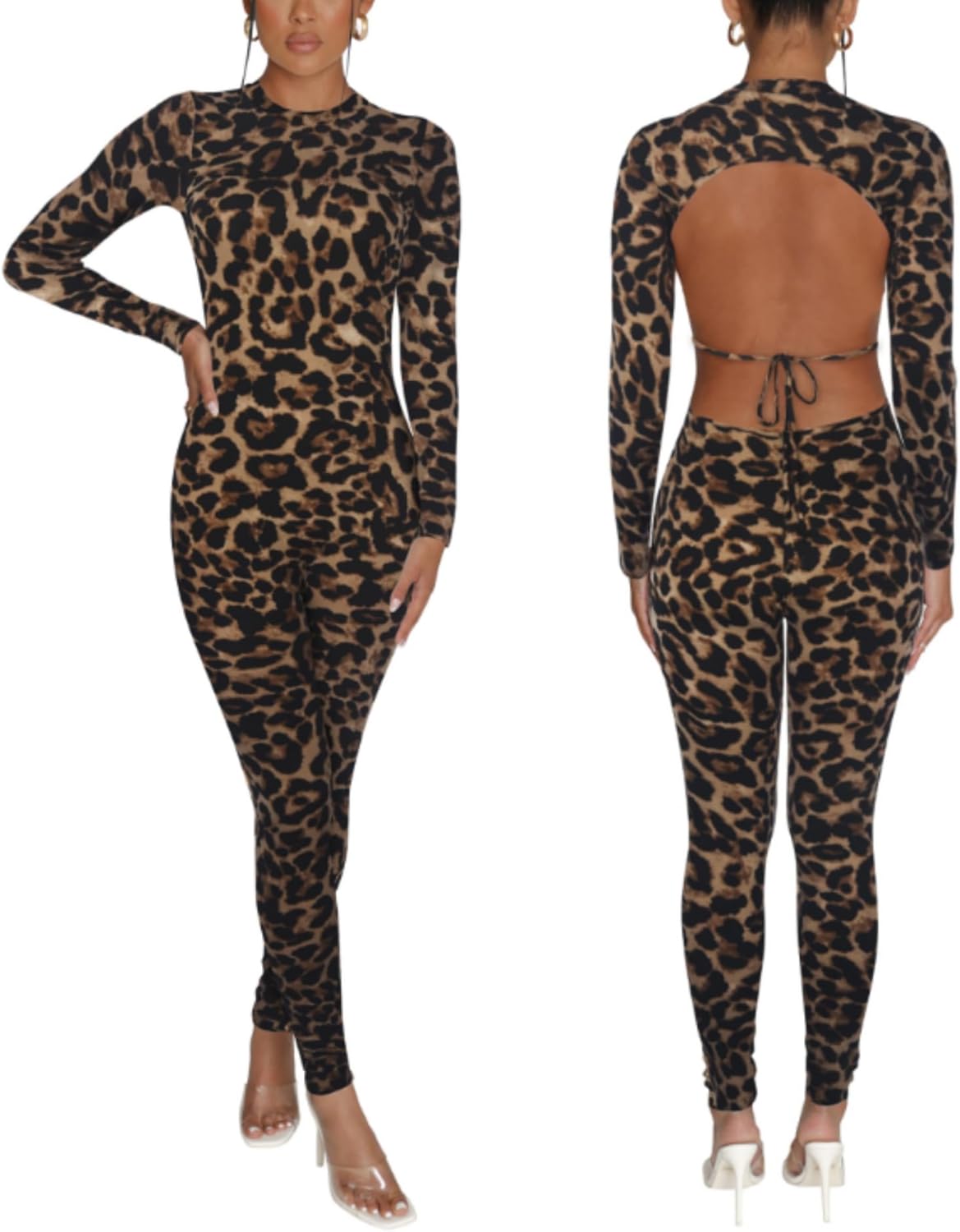 Womens Jumpsuit Long Sleeve One Piece Jumpsuits Leopard Print Sexy Backless Bodycon High Waisted Club Outfits Catsuits