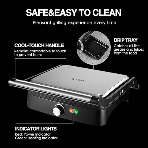 Miniatura 5 de OSTBA Panini - Parrilla de prensa con temperatura ajustable, parrilla interior de 4 rebanadas, sandwichera abierta de 180 con bandeja de goteo,