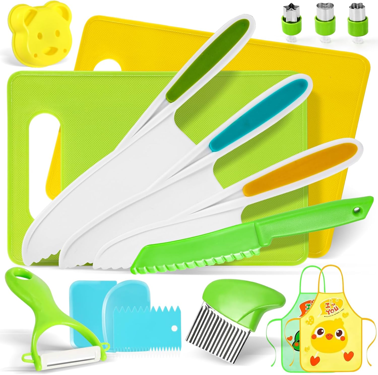 17PCS Montessori Cooking Set for Toddlers with Cutting Board Crinkle Cutters Kid Safe Knives, Kids Cooking Sets Real with Apron Set, Kids Kitchen Set for Age 3-10 Year Old Girl Boy