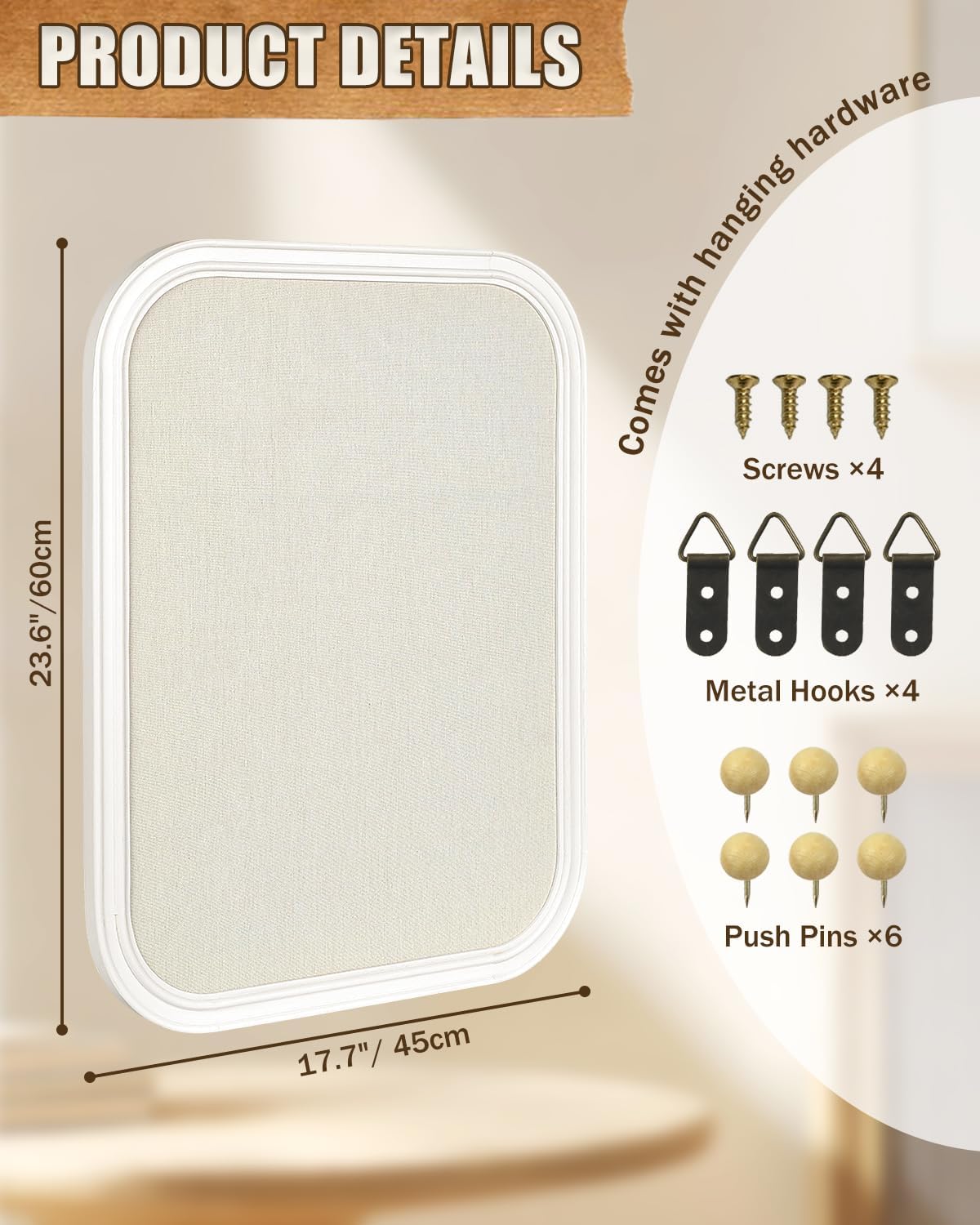 Linen Bulletin Board, Pin Board for Walls, Fabric Bulletin Board, 17.7"x23.6" Pin Board for Home Kitchen Office Decorative, White Wood Frame Cork Board(WH-4560)